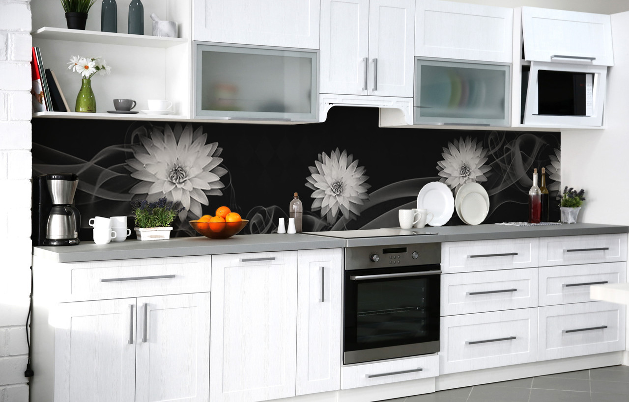 Кухонний фартух Жоржини в диму плівка скіналі ПВХ 60х200 см абстракція Чорний