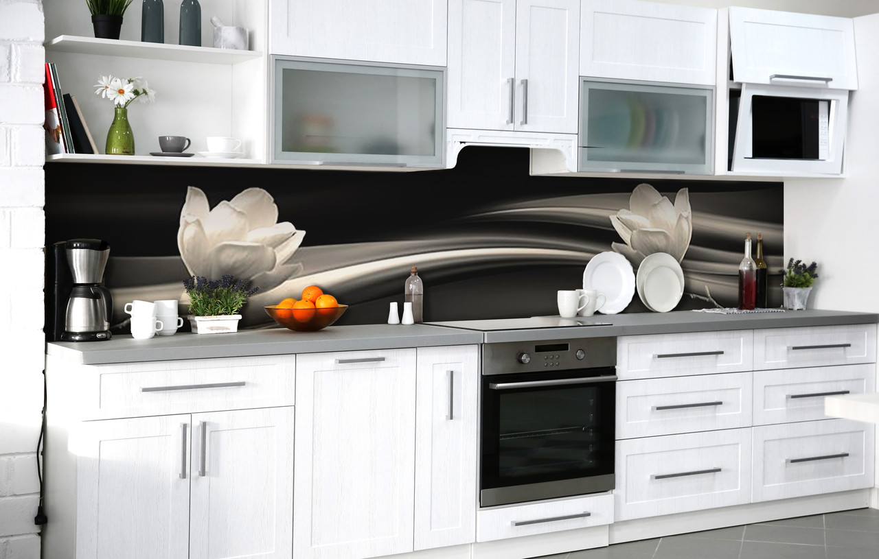 Кухонний фартух Велика Магнолія плівка скіналі ПВХ 60х200 см Квіти Чорний