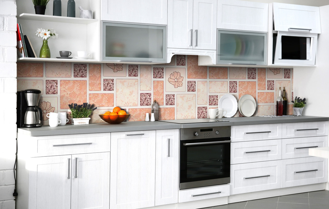 Кухонний фартух Печворк Маки Квадрати плівка скіналі ПВХ 60х200 см Текстура Рожевий