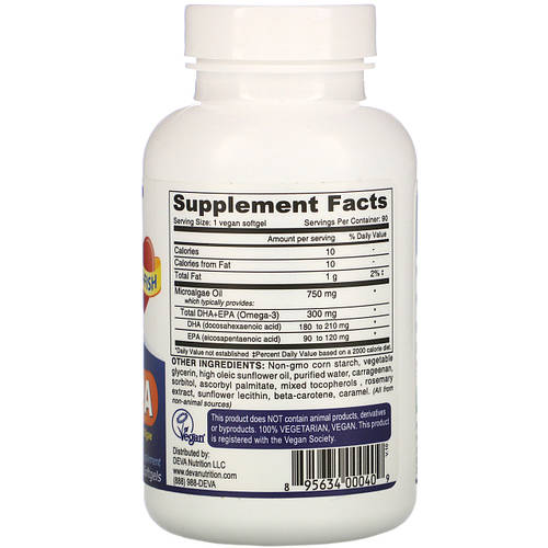 Купить Deva, Веганская Омега-3, ДГК-ЭПК, 300 мг, 90 веганских мягких ...