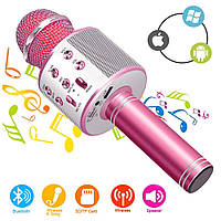 Детский Микрофон караоке Bluetooth WS 858 USB светящийся с колонкой розовый