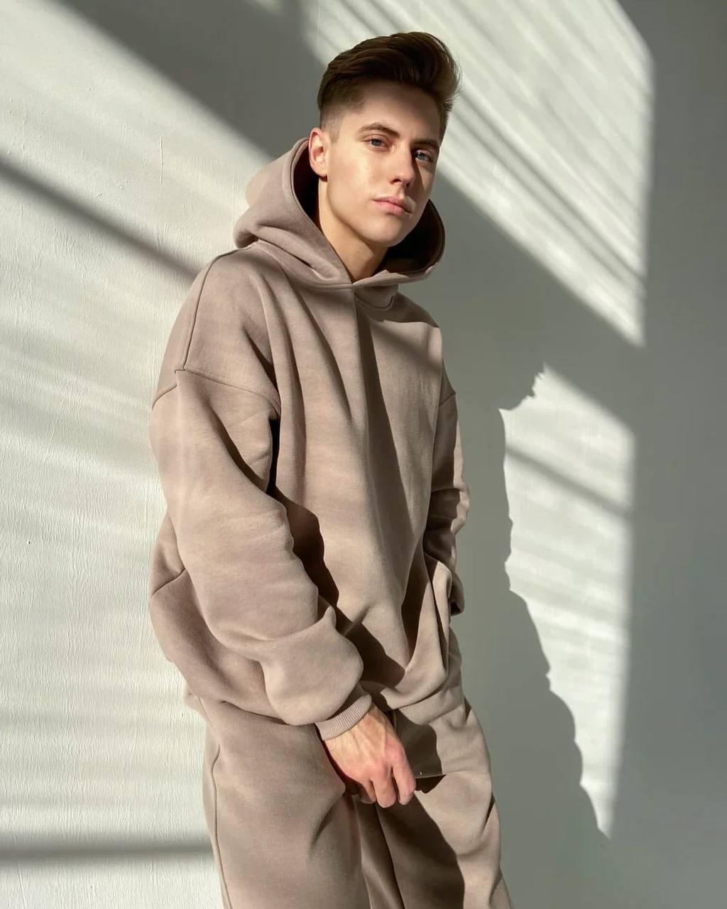 Спортивний теплий чоловічий костюм однотонний трикотаж на флісі вільного крою oversize мокко, фото 1