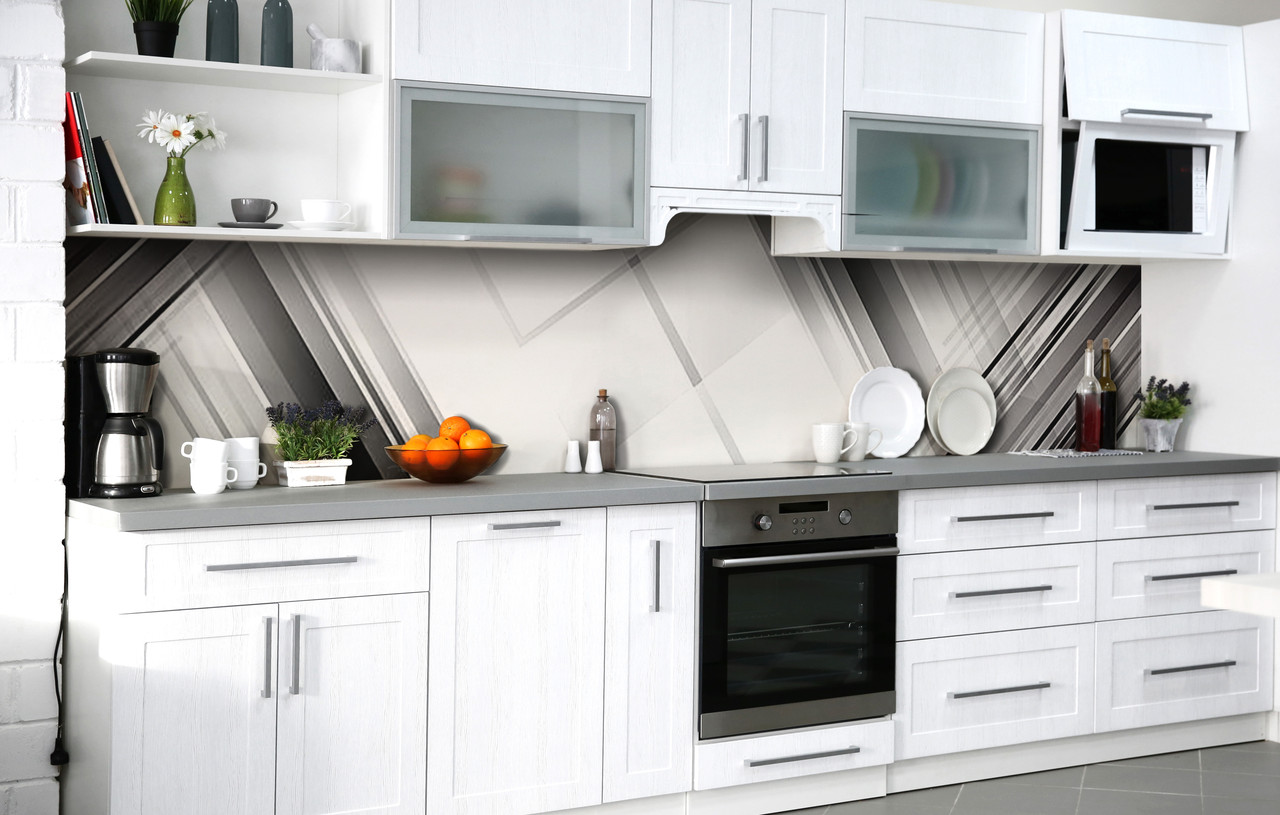 Кухонний фартух Абстракція Лінії переломлення плівка скіналі ПВХ 60х200 см Геометрія Сірий, фото 1