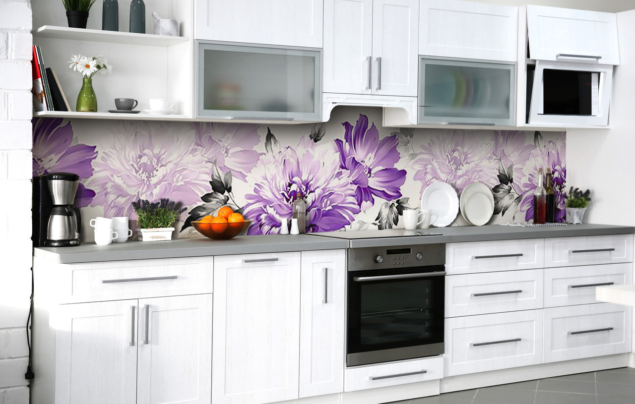 Кухонний фартух Пишні жоржини плівка скіналі ПВХ 60х200 см Квіти Фіолетовий, фото 1