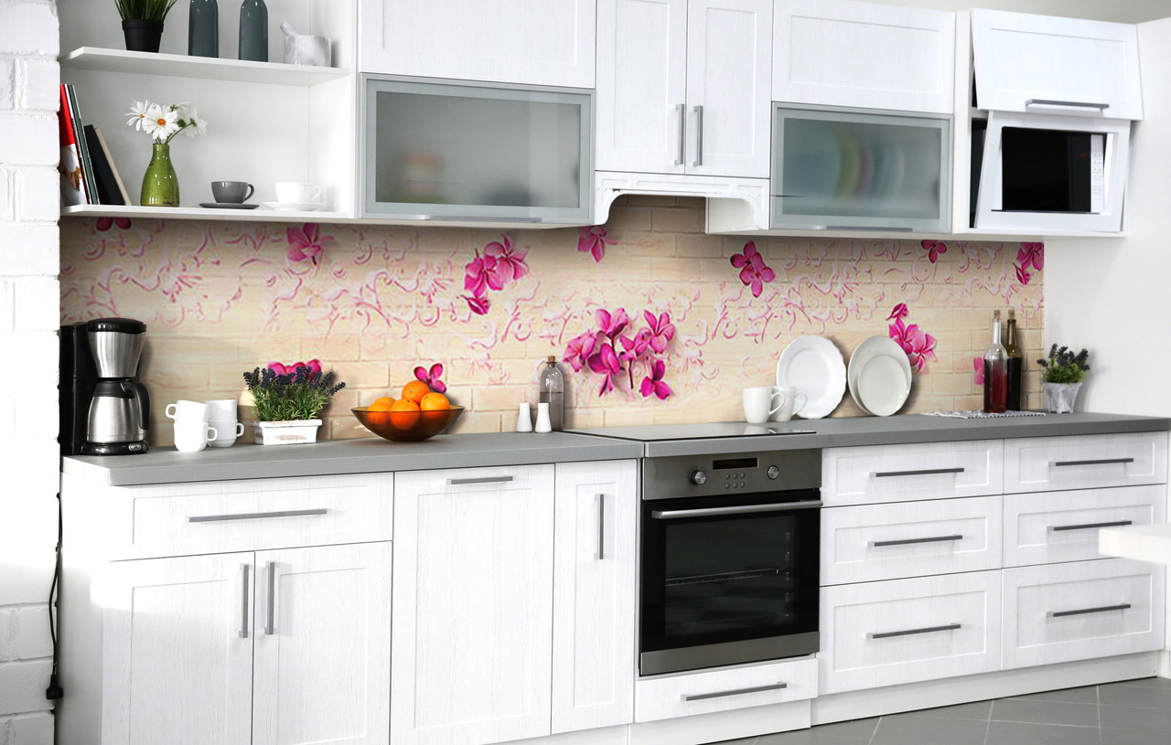 Кухонний фартух Рожева бузок Цегла плівка скіналі ПВХ 60х200 см текстури Бежевий, фото 1