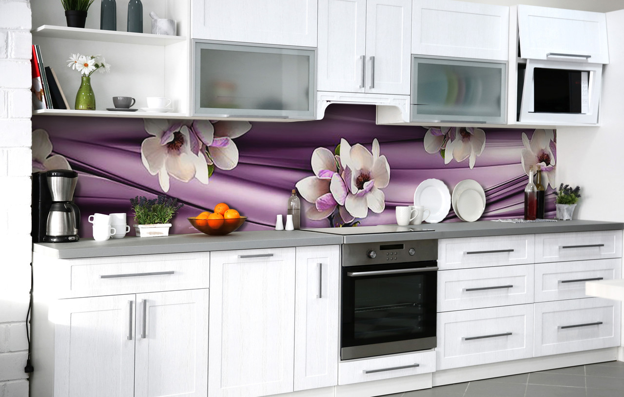 Кухонний фартух Великі Магнолії Шовк плівка скіналі ПВХ 60х200 см квіти Фіолетовий