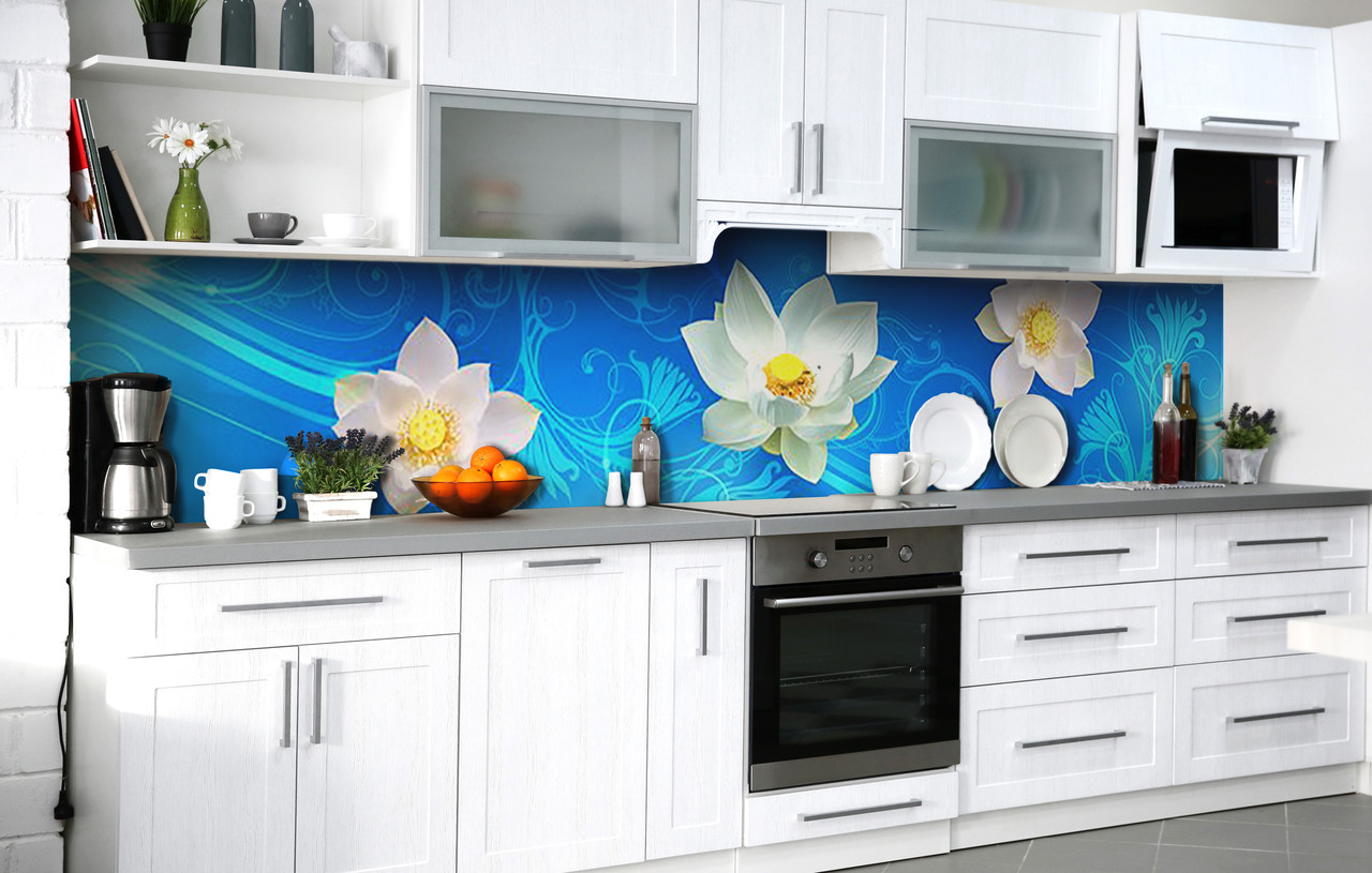 Кухонний фартух Лотос на плаву плівка скіналі ПВХ 60х200 см Квіти Блакитний