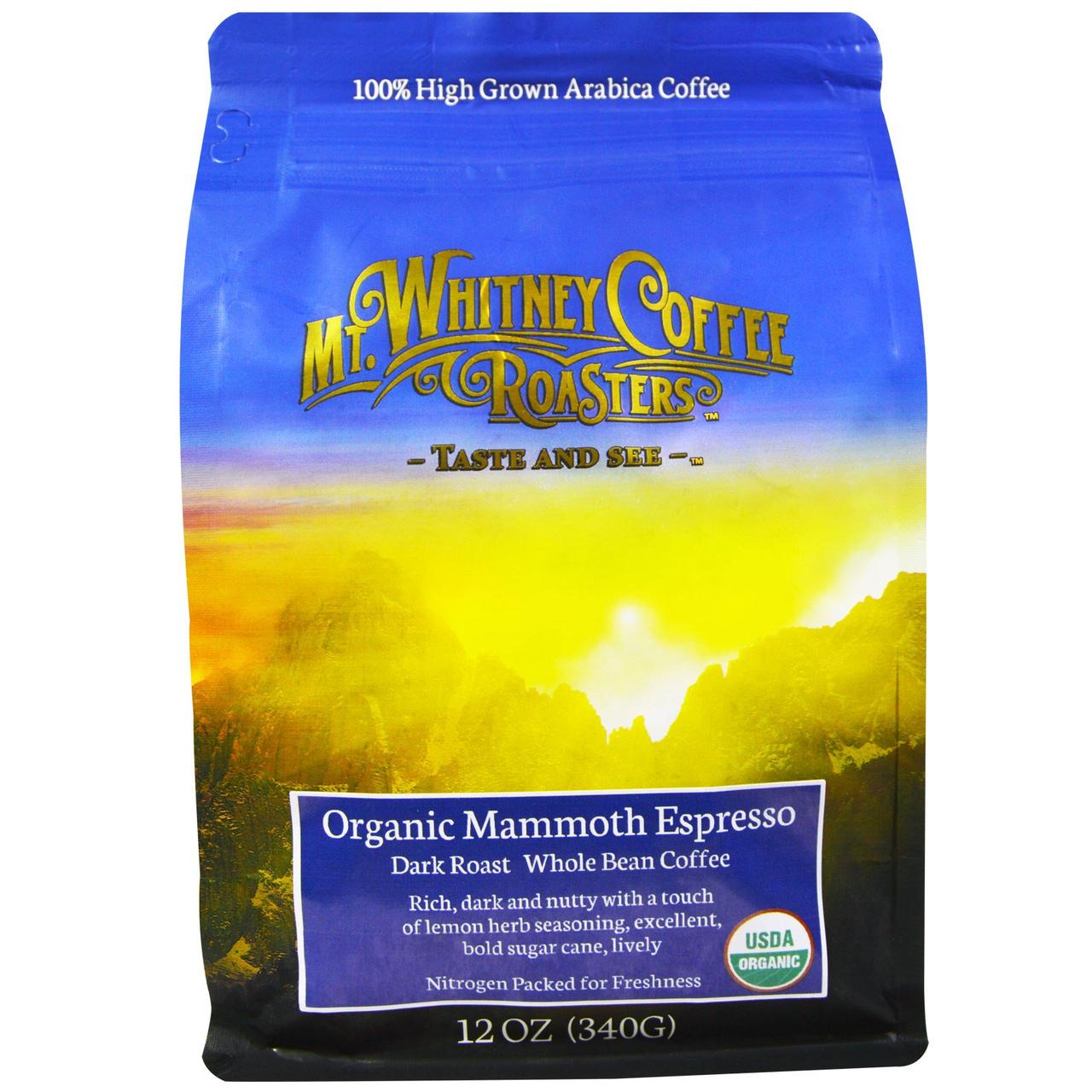 Mt. Whitney Coffee Roasters, Органічний кави в зернах, Mammoth Espresso, темна обсмажування, 12 унцій (340 г)