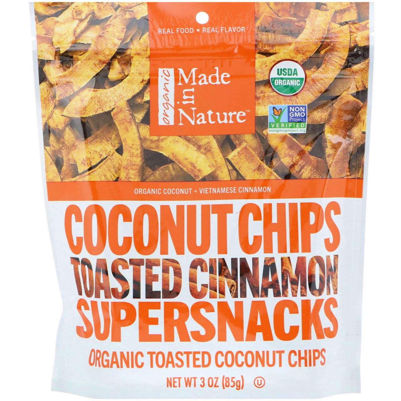 Кокосові смужки з корицею, Toasted Coconut Chips, Made in Nature, 85 р.