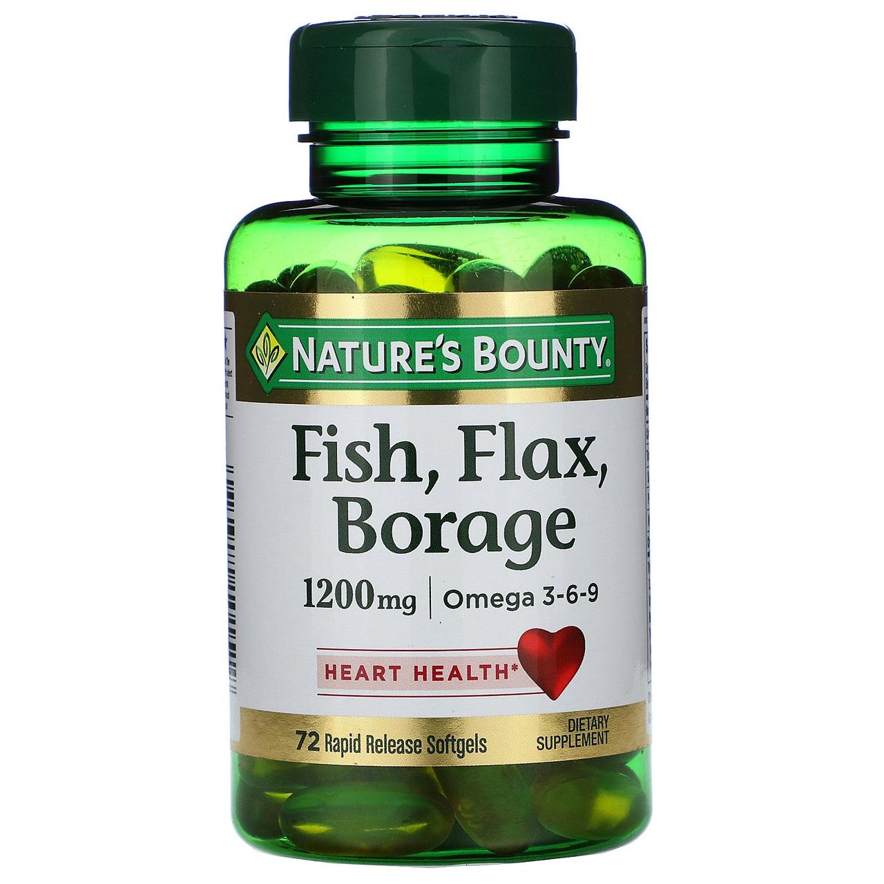 Омега 3 6 9, Fish, Flax, Borage, Omega 3-6-9, nature's Bounty, 1200 мг, капсули 72