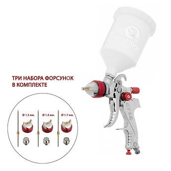 Пневматичний фарбопульт HVLP з трьома наборами форсунок - 1.3 мм, 1.4 мм, 1.7 мм, Фарбопульт PT-0153 3 бар