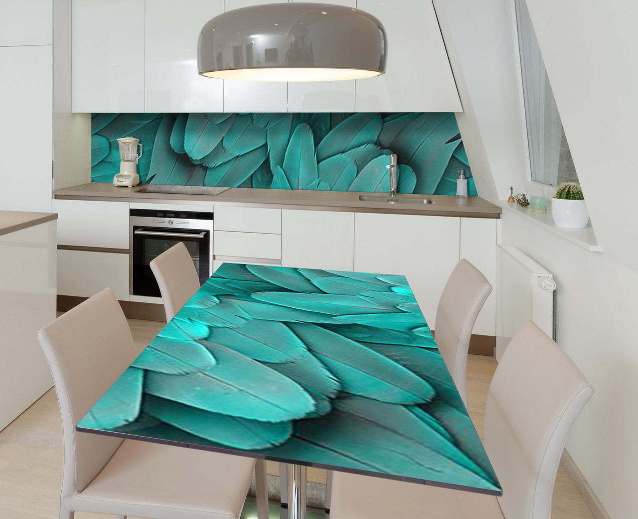 Вінілова наклейка на стіл Бірюзові Пір'я птахів самоклейка плівка ПВХ 600х1200мм Текстура Зелений
