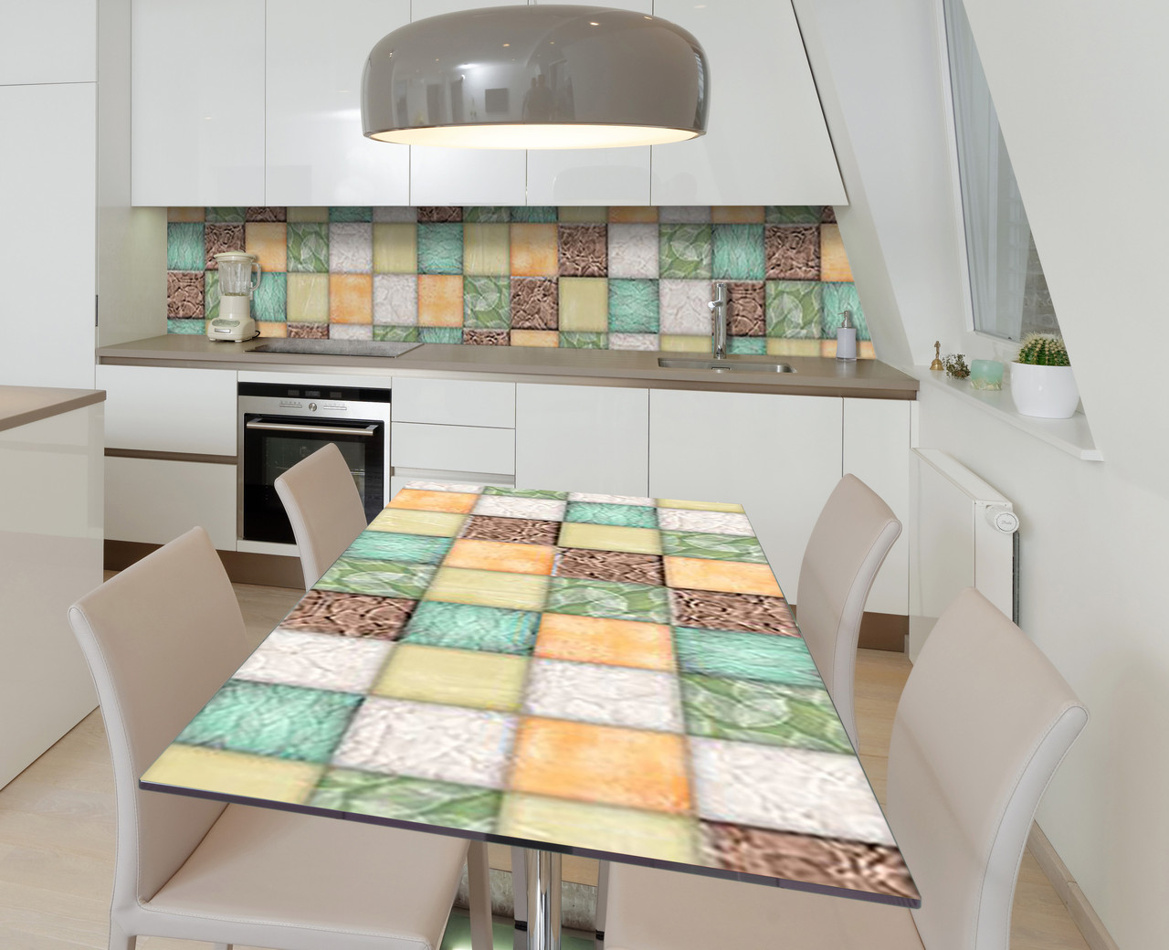 Вінілова наклейка на стіл Мармурова Мозаїка Печворк самоклейка плівка ПВХ 600х1200мм Геометрія Зелений