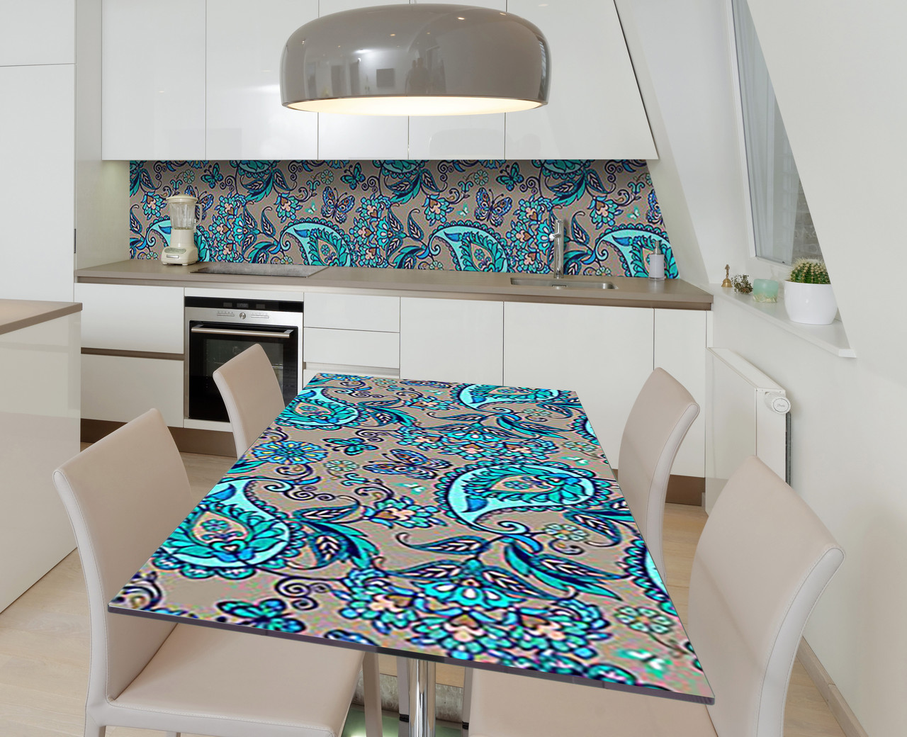 Вінілова наклейка на стіл Строкаті бірюзові Візерунки Пір'я самоклейка плівка ПВХ 600х1200мм Абстракція