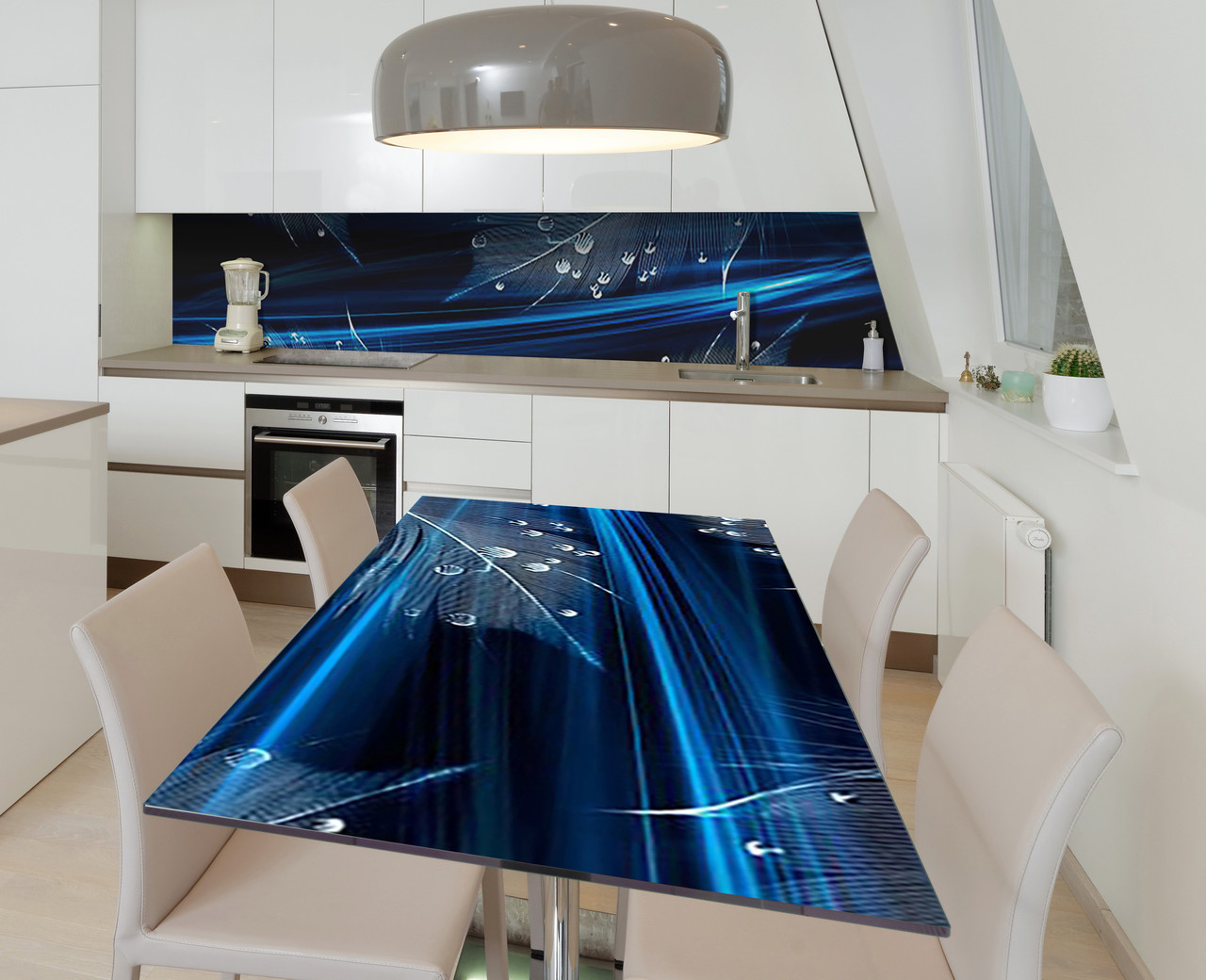 Вінілова наклейка на стіл Роса на пір'ї птаха самоклейка плівка ПВХ 600х1200мм Текстура Синій