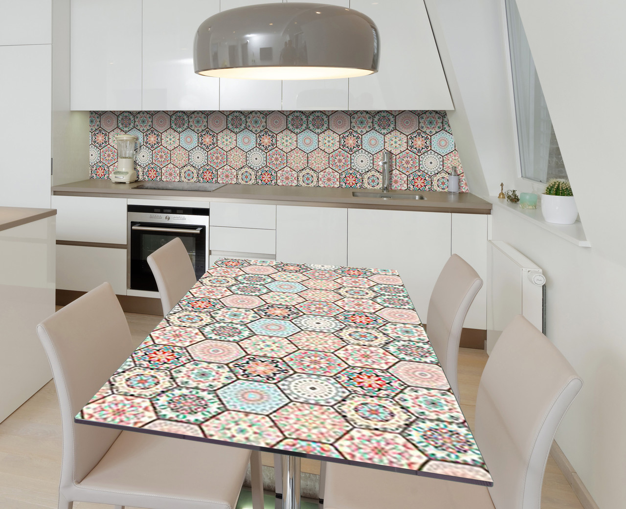 Вінілова наклейка на стіл азулежу Стільники Печворк самоклейка плівка ПВХ 600х1200мм Геометрія Бежевий, фото 1