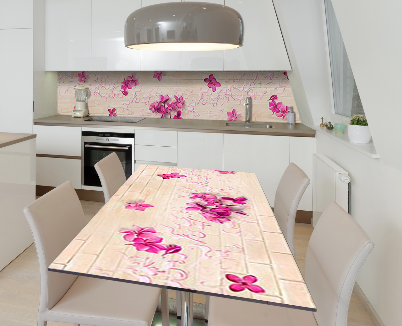 Вінілова наклейка на стіл Рожева бузок Цегла самоклейка плівка ПВХ 600х1200мм текстури Бежевий, фото 1