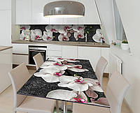 Виниловая наклейка на стол Живые 3Д Орхидеи на темном фоне декор пленка для мебели 650х1200мм цветы Белый