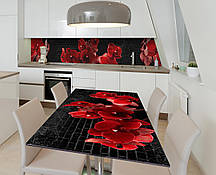 Вінілова наклейка на стіл Червона орхідея під цеглу самоклейка плівка ПВХ 600х1200мм Квіти Чорний