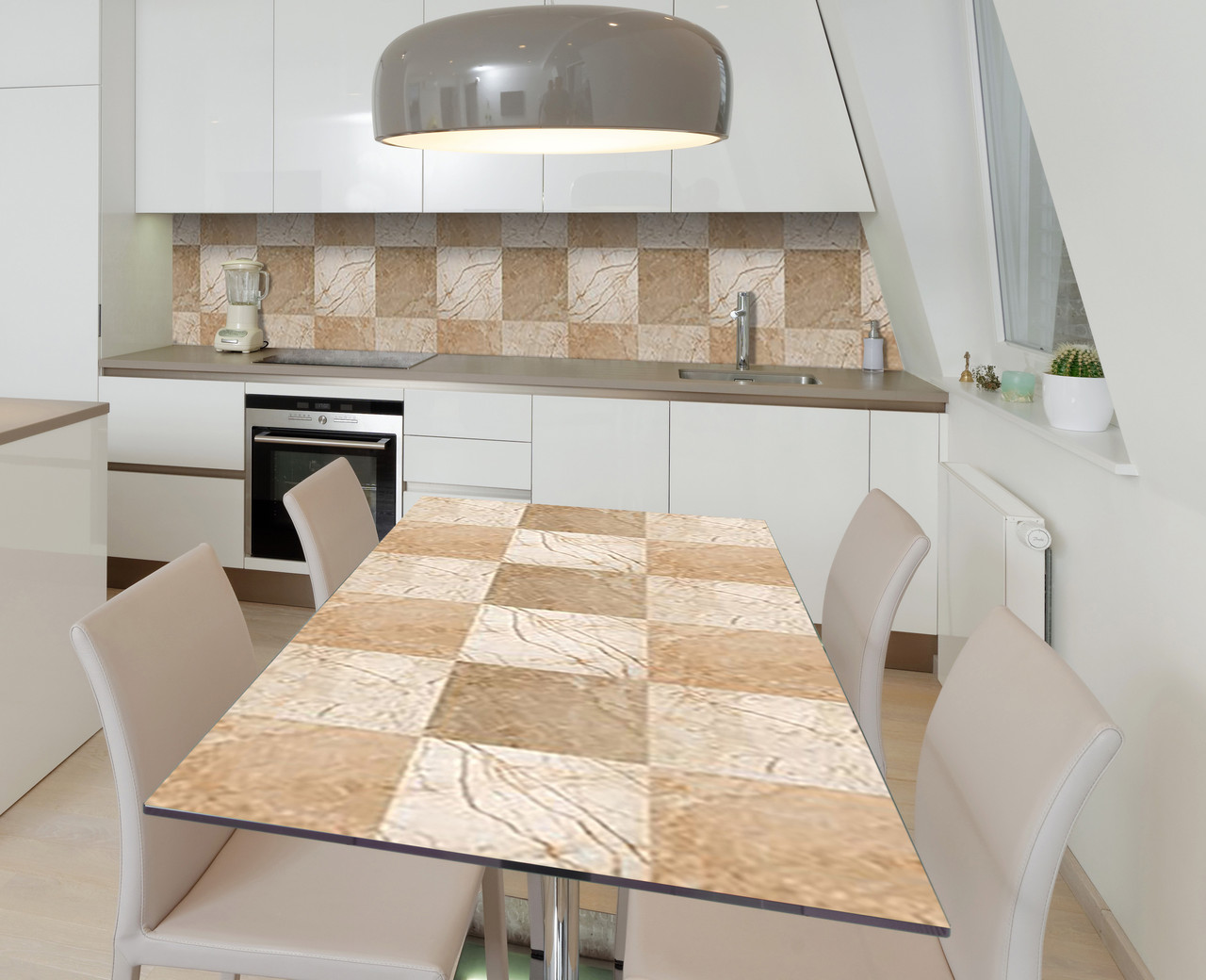 Вінілова наклейка на стіл Бежева клітина Квадрати самоклейка плівка ПВХ 600х1200мм Геометрія Бежевий