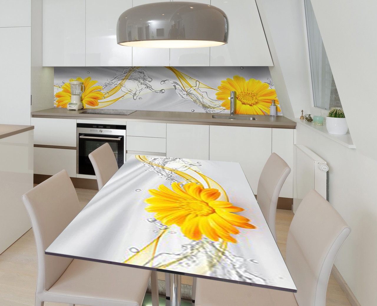 Вінілова наклейка на стіл Жовта Гербера квіти самоклейка плівка ПВХ 600х1200мм Абстракція Сірий