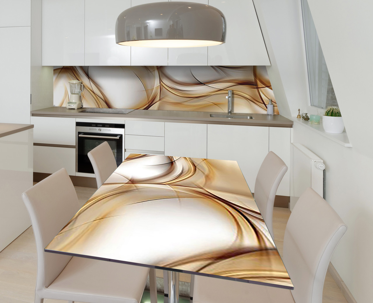 Вінілова наклейка на стіл Абстрактні лінії самоклейка плівка ПВХ 600х1200мм Абстракція Бежевий, фото 1