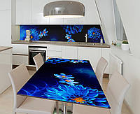 Виниловая наклейка на стол Неоновые Георгины декор пленка для мебели 650х1200мм Цветы Синий