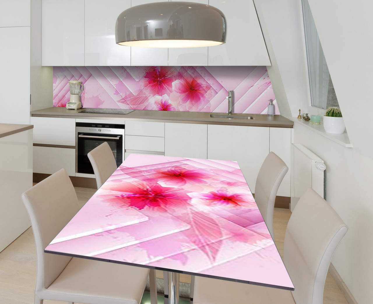Вінілова наклейка на стіл Квіти геометрія самоклейка плівка ПВХ 600х1200мм Абстракція Рожевий