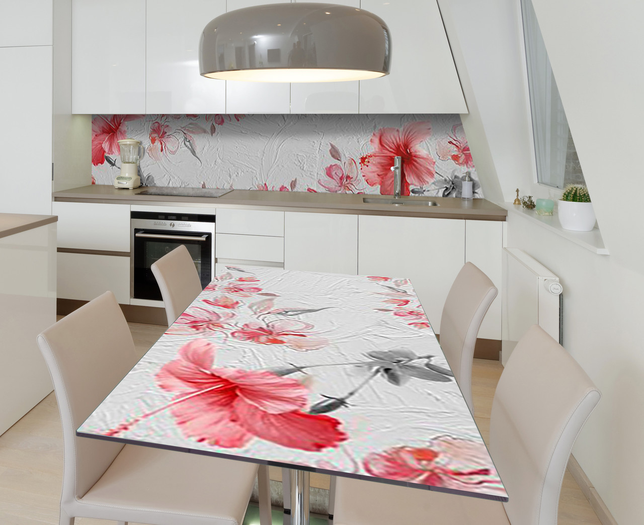 Вінілова наклейка на стіл Гібіскус Штукатурка квіти самоклейка плівка ПВХ 600х1200мм Текстура Рожевий