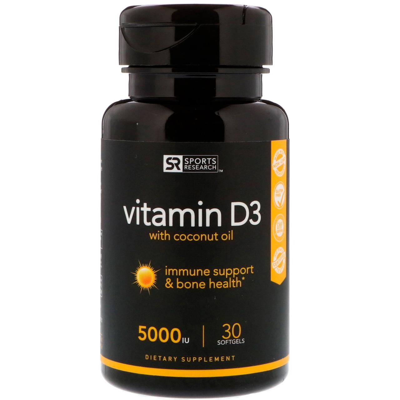Купити Sports Research, Vitamin D3 with Coconut Oil, 5000 IU, 30 Softgels у Києві ціна та