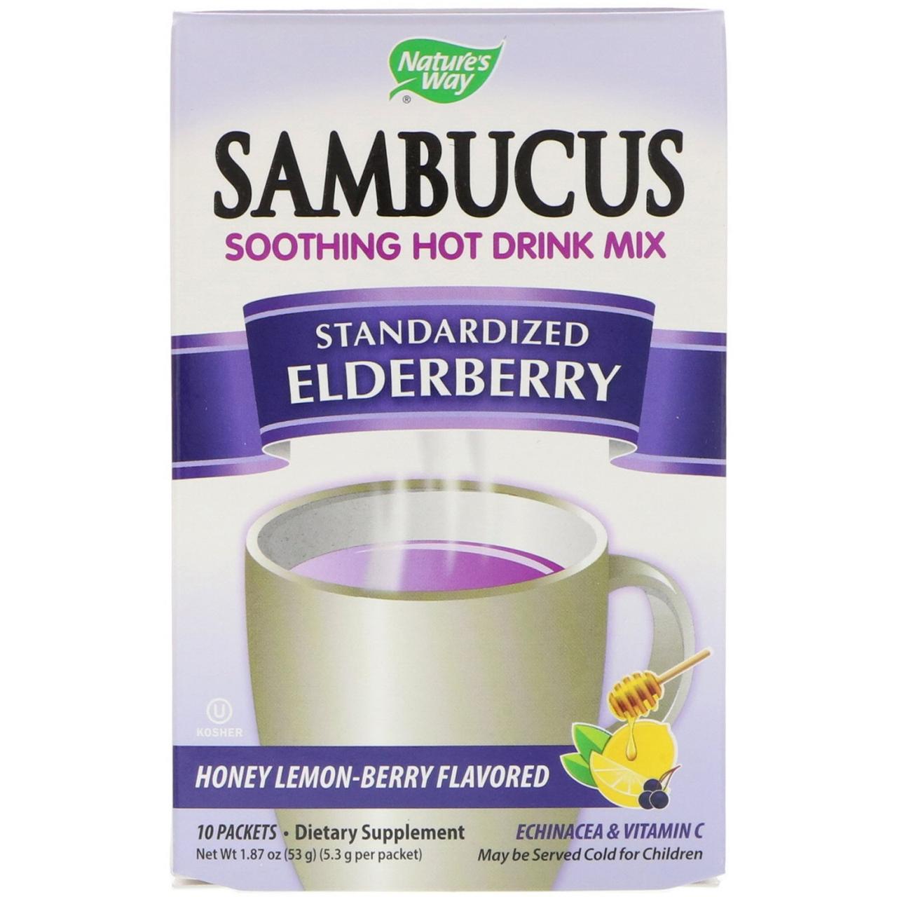 Nature's Way, Sambucus, Soothing Hot Drink MIx, Standarized Квіти, Honey Lemon-Berry Flavored, 10 Packets 1.87