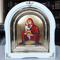 Икона П. Б. Почаевская в белом арочном киоте с декоративными уголочками, размер 28*25см