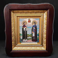 Икона Св. Петра и Феврония в фигурном киоте, размер 20*18, лик 10*12, ассортимент именных икон