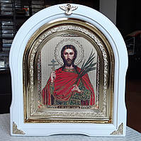 Икона Святой Иоанн Сочавський белом арочном киоте с декоративными уголочками, размер киота 28*25см