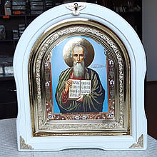 Ікона Святого Іоана Богослова білому арковому кіоті з декоративними куточками, розмір кіота 28 * 25, сюжет 15