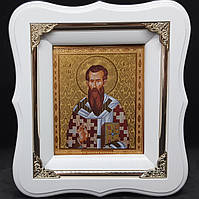 Икона Святой Василий в белом фигурном киоте с декоративными уголочкамиразмер киота 19*17см