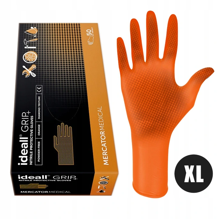Рукавички нітрилові Mercator Medical ideall GRIP+ Помаранчеві 25пар\50шт. розмір XL
