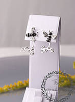 Серьги-гвоздики, "Пчелки" с фианитами и эмалью. Серебро 925°, родированное.
