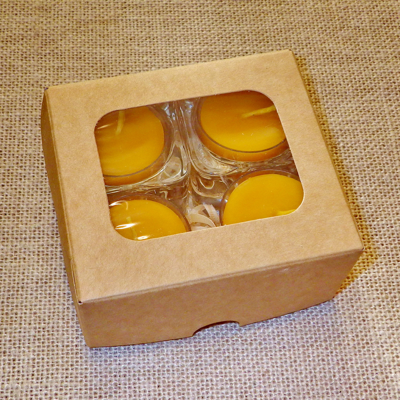 Набір 2 скляних підсвічників з 4 прозорими восковими чайними свічками 24г в коробці Бежевий Крафт, фото 1