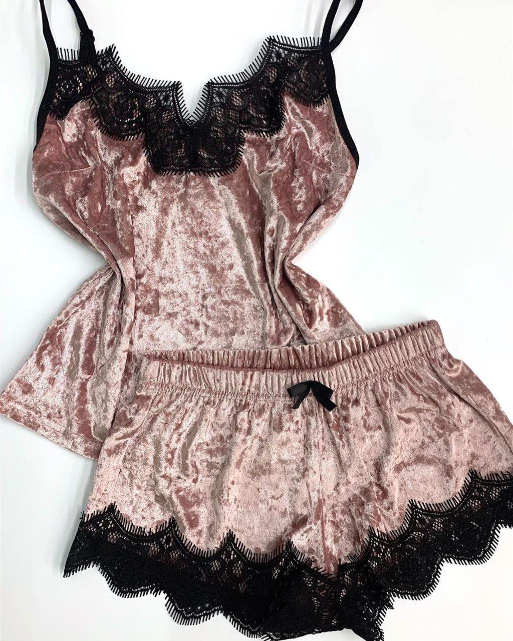Піжама жіноча з мармурового велюру шорти + майка з мереживом Темно-рожевий, S