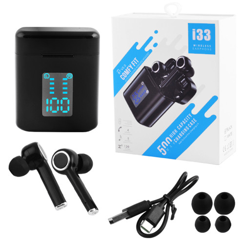 Бездротові bluetooth-навушники i33 5.0 з кейсом, індикація заряду, black
