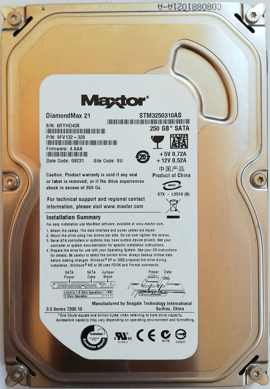 Жорсткий диск для комп'ютера Seagate Maxtor DiamondMax 21 250GB 3.5" 8MB 7200rpm (STM3250310AS) SATAII Б/В
