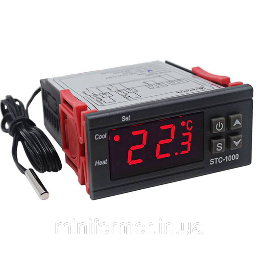 Терморегулятор STC 1000 (точність 0.1 °C), 220 В, два реле 10 А, -50 ~ +99 °C, з виносним датчиком, фото 1