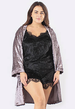 СУПЕР БАТАЛИ! Комплект шортики + майка + халат велюровий трійка фуксія/чорний 54