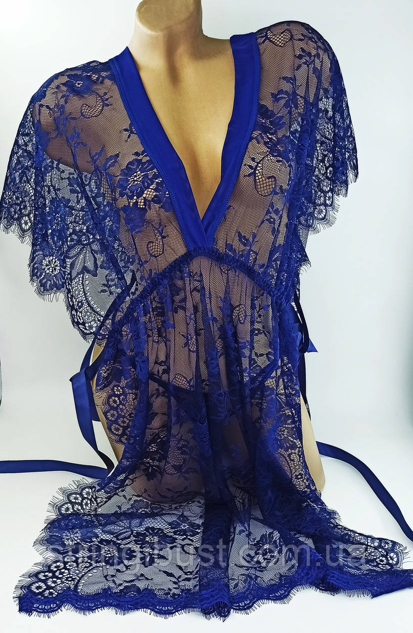Пеньюар Shijiemei ажурний на зав'язках універсальний Free синій (1313), фото 1