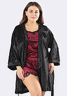 СУПЕР БАТАЛЫ! Комплект шортики+майка+халат велюровый тройка черный/бордовый 54