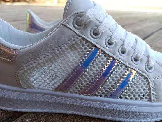 38 р Жіночі кросівки екошкіра сіточка літні під Adidas SuperStar перламутр кеди кріпери шнурок, фото 4