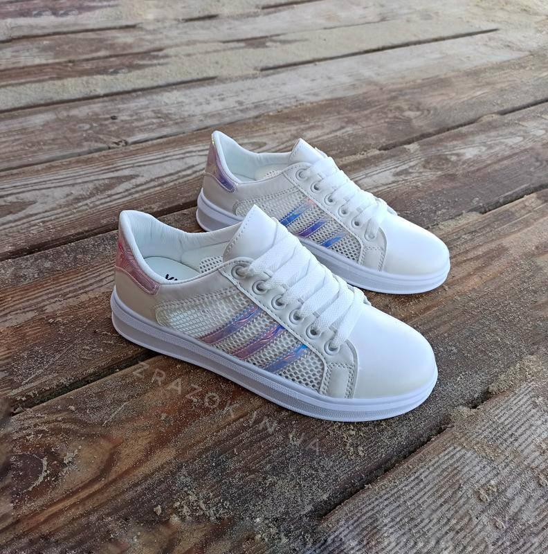 38 р Жіночі кросівки екошкіра сіточка літні під Adidas SuperStar перламутр кеди кріпери шнурок, фото 1
