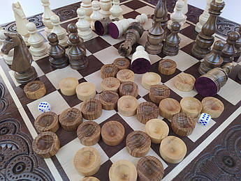 Шахи дерев'яні різьблені ручної роботи набір 3 в 1 шахи, шашки, нарди.