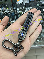 Брелок кожаный плетеный ПЛОСКИЙ Черный матовый серый с логотипом BMW и карабином для ключей
